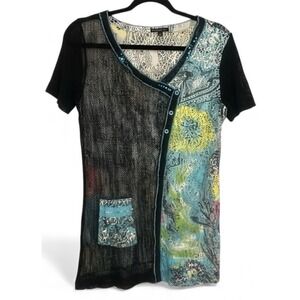 Alberto Makali Mixed Media Art Top Mesh Lace Rhinestone Asymmetrical Patchwork M